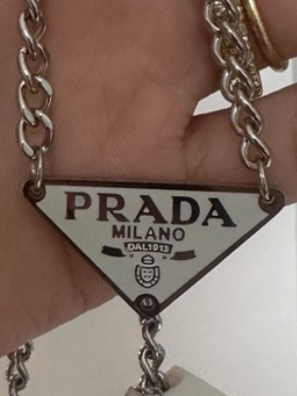 Prada Silver-Tone White Triangle Logo Necklace